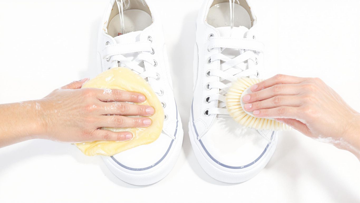 Weiße Turnschuhe werden gewaschen und gebürstet