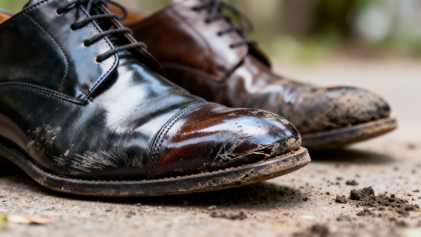 Schuhe mit Pflegefehlern und makellose Schuhe nebeneinander.